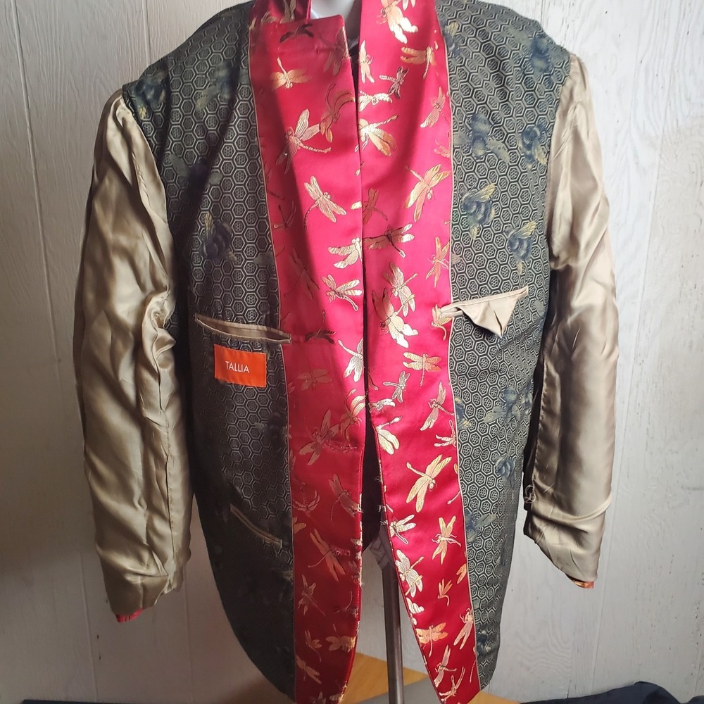 Tallia Blazer Men 48 Red Dragonfly Slim Fit Jacquard Dinner Jacket Metal Button - Picture 3 of 16